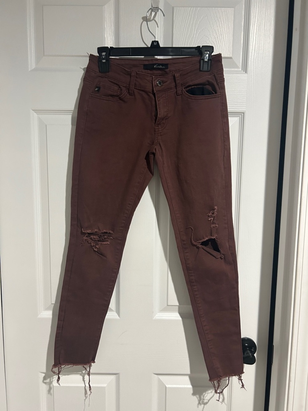 KanCan Maroon/Burgundy Skinny Jeans with Distressed Knees